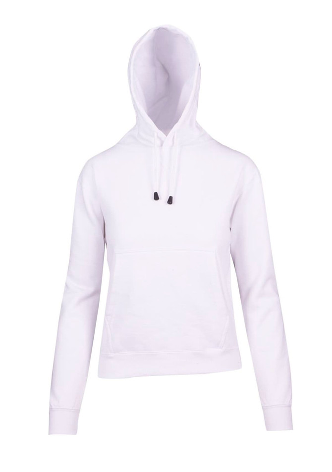 A white kangaroo pocket hoodie featuring a hood and drawstring details. The design includes a logo.