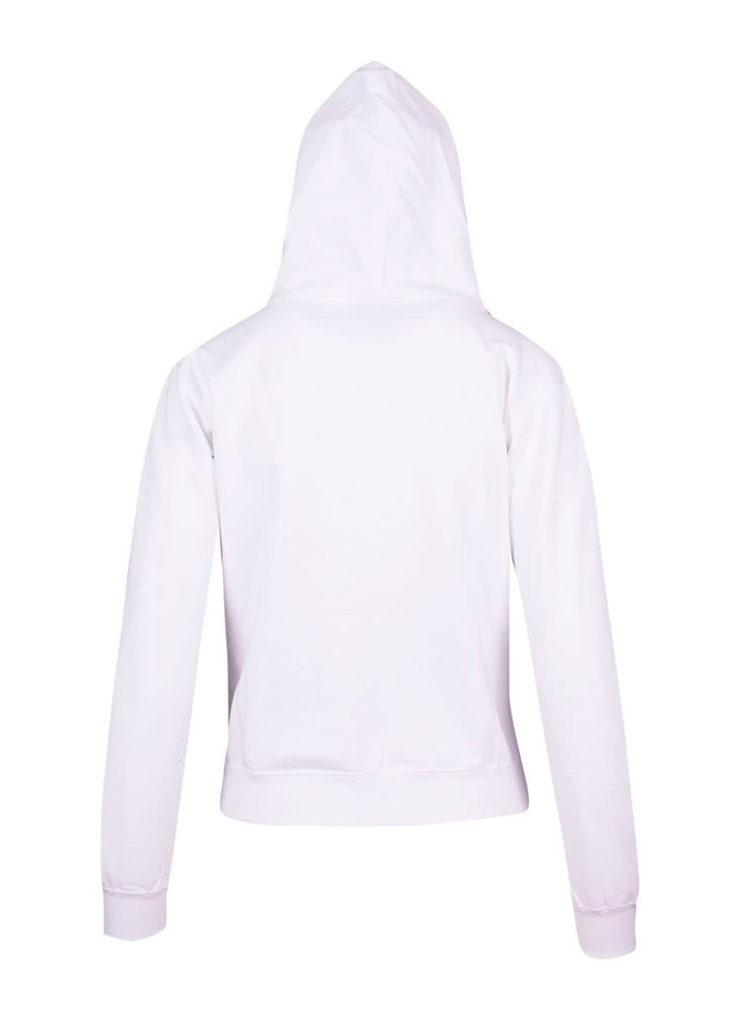 A white women's juniors kangaroo pocket hoodie, featuring a hood and long sleeves, viewed from the back.