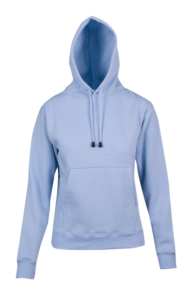 A blue women's juniors hoodie featuring a kangaroo pocket and adjustable drawstring hood.