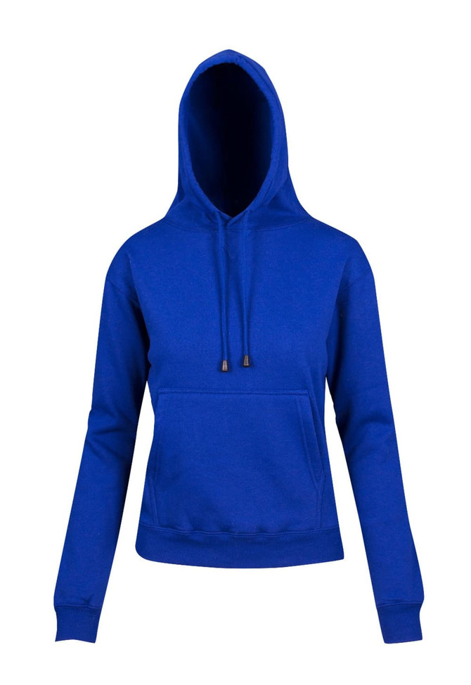 A blue women's juniors kangaroo pocket hoodie with a drawstring hood and long sleeves.