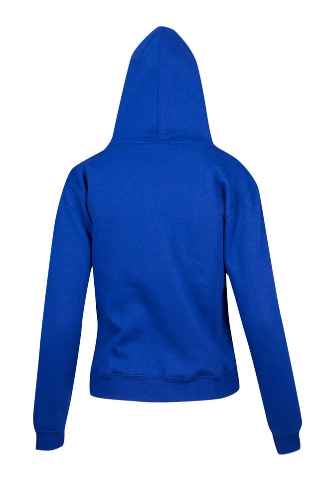 A blue women's junior kangaroo pocket hoodie featuring a hood and a solid back design.