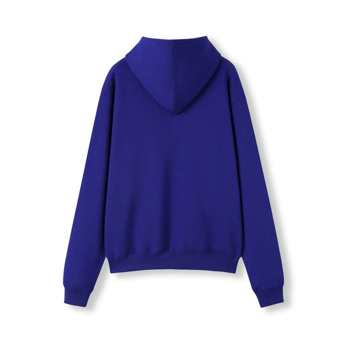 A blue women's junior kangaroo pocket hoodie featuring a hood and a solid back design.
