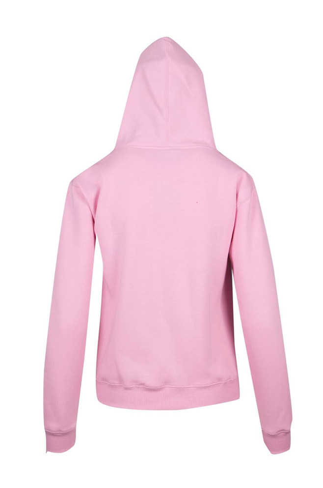 A pink women's juniors kangaroo pocket hoodie with a hood and ribbed cuffs. Features a branding logo on the garment.