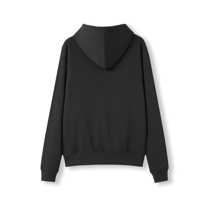 A black women's juniors kangaroo pocket hoodie featuring a hood and long sleeves. It has a logo on the back.