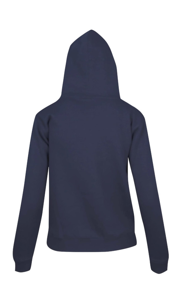 A navy women's hoodie with a kangaroo pocket and a hood, featuring a plain back view.