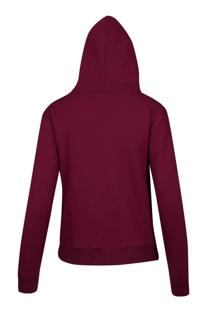 A back view of a maroon women's juniors kangaroo pocket hoodie with a fitted design and a hood.