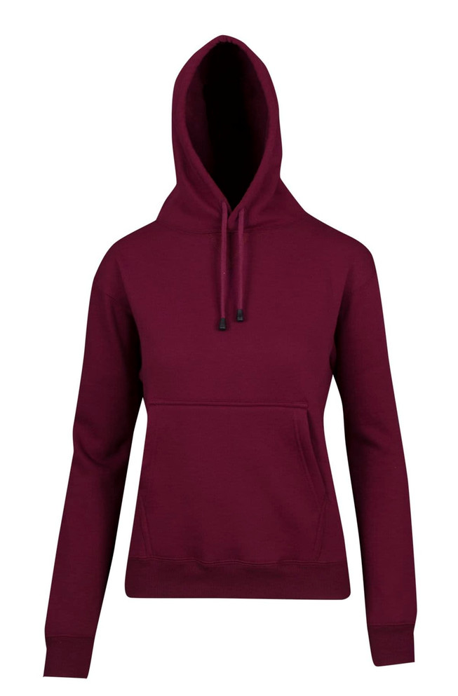 A burgundy women's juniors hoodie featuring a kangaroo pocket and a drawstring hood. It has a logo on the front.