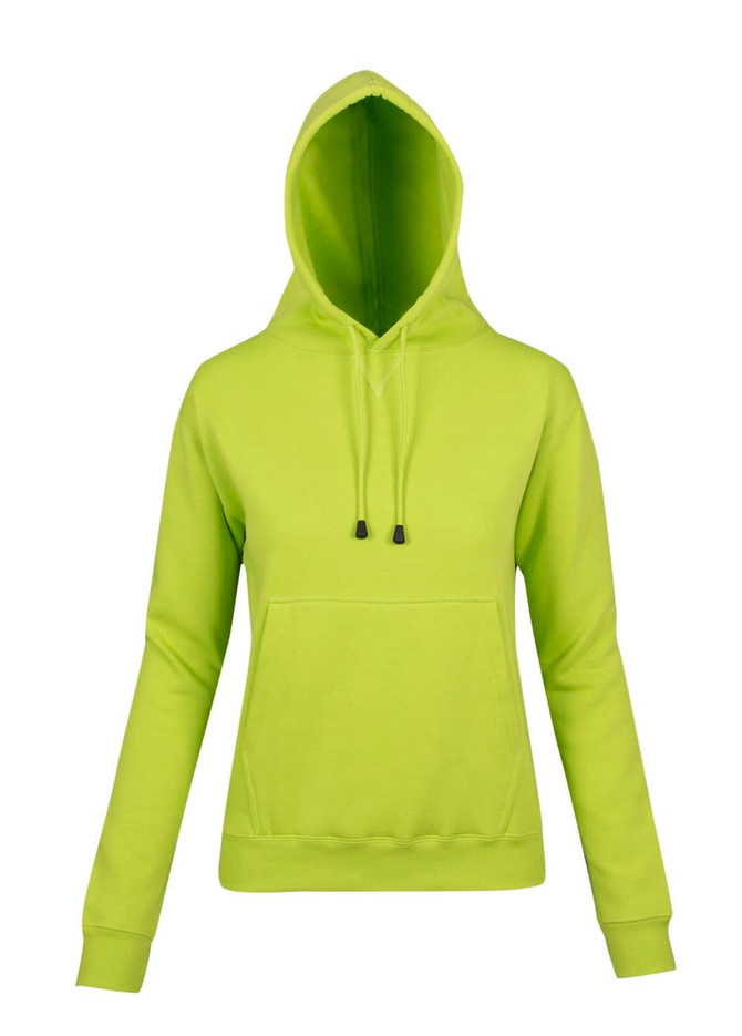 A bright lime green women's juniors kangaroo pocket hoodie with a hood and drawstrings.