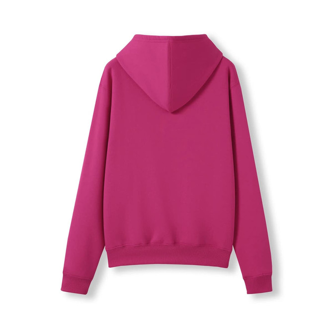 A vibrant pink women's hoodie with a kangaroo pocket and a hood, displaying a simple design without visible branding.