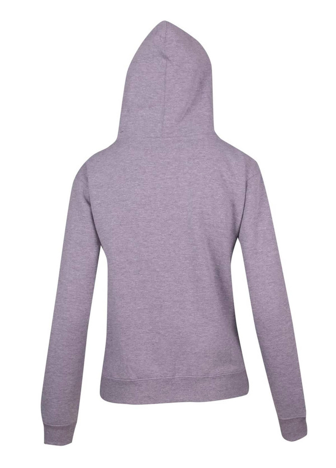 A grey kangaroo pocket hoodie featuring a hood and long sleeves, shown from the back.