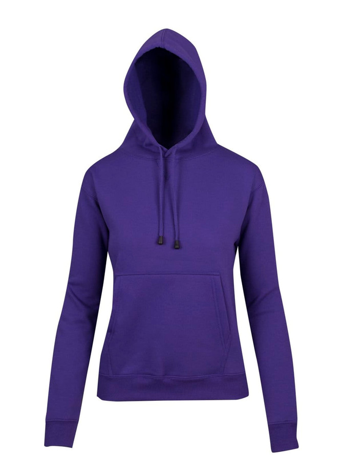 A purple women's juniors hoodie featuring a kangaroo pocket and a hood, with an accompanying logo.