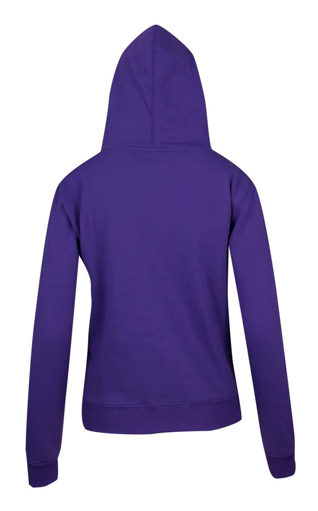A purple women's juniors hoodie with a kangaroo pocket and a hood, featuring a logo on the back.