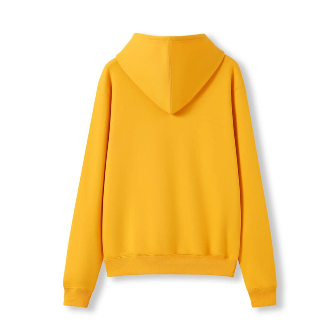 A yellow women's juniors kangaroo pocket hoodie, featuring a spacious hood and a fitted design from the back view.