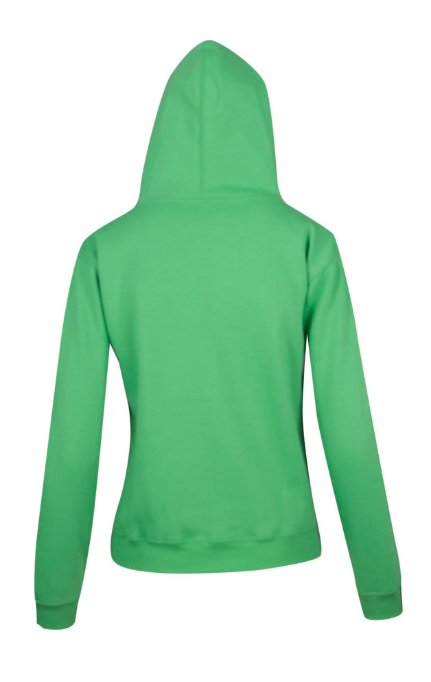 A green women's juniors hoodie with a kangaroo pocket, featuring a hood and long sleeves.