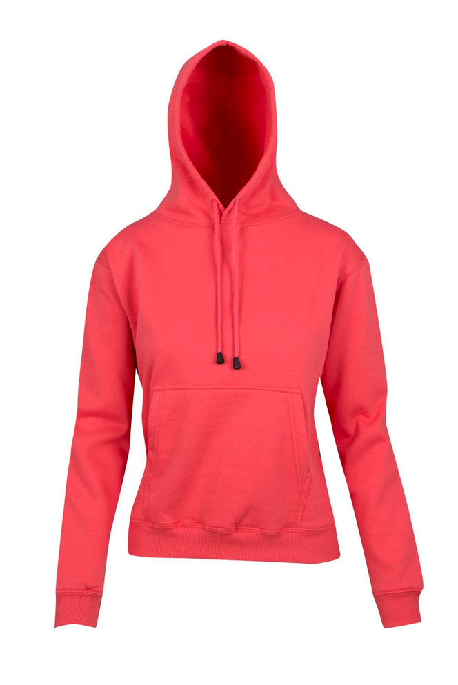 A coral kangaroo pocket hoodie with a drawstring hood and a front pocket. It features a logo on the front.