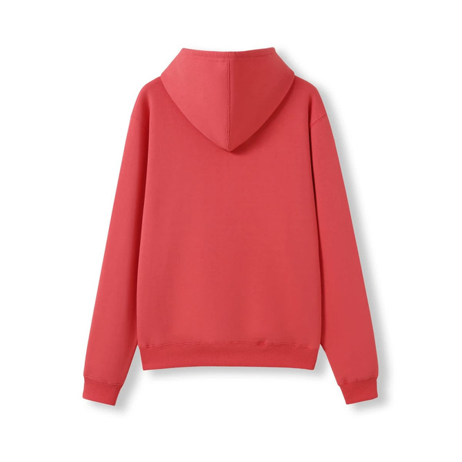 A pink hoodie with a kangaroo pocket and a hood, shown from the back. It features a simple design.