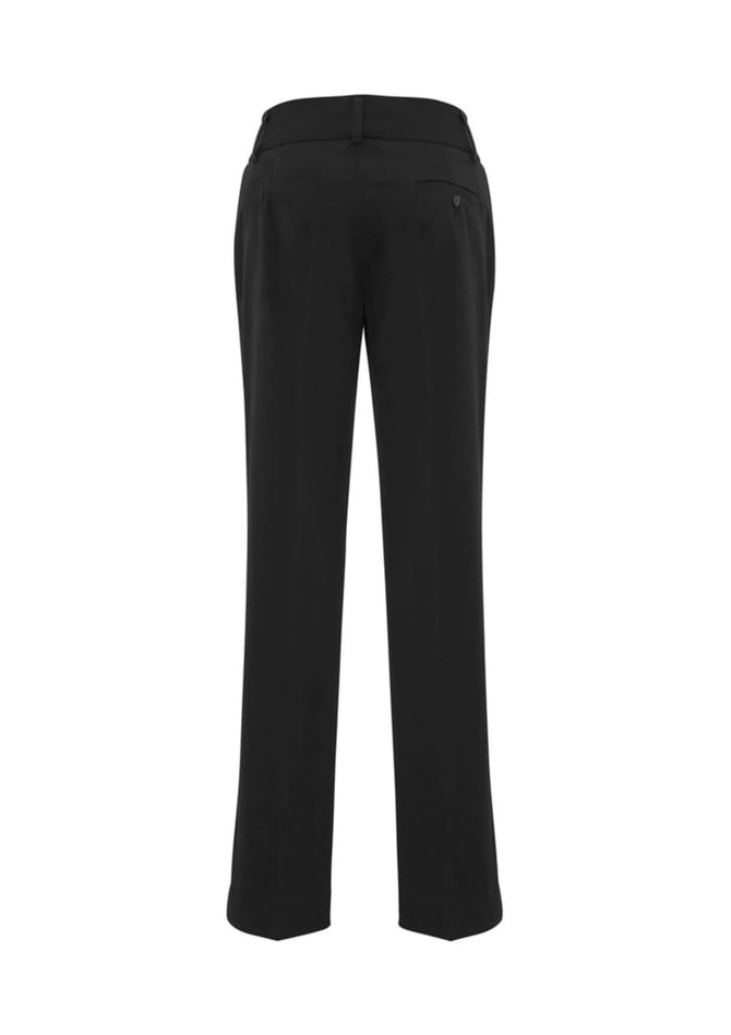 Black slacks with a tailored fit, featuring a waistband and back pocket detailing. Includes branding on the garment.