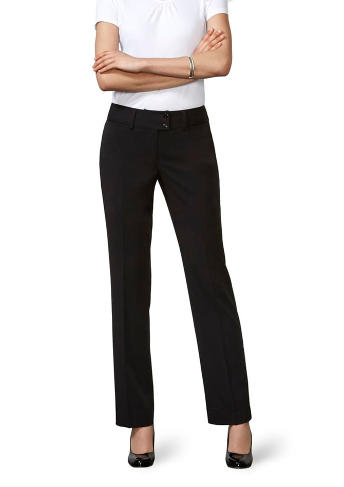 A pair of black slacks tailored for women, featuring a sleek design and a tailored fit.