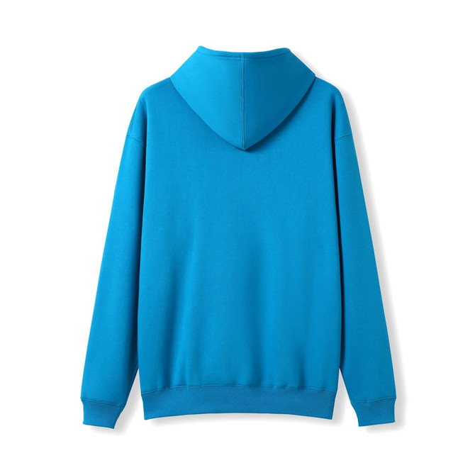 A blue men's kangaroo pocket hoodie, featuring a classic hoodie design with a hood and long sleeves.