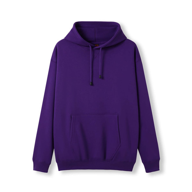 A purple men's hoodie featuring a kangaroo pocket and a drawstring hood. The hoodie has a plain design.