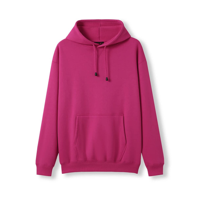 A pink men's kangaroo pocket hoodie with a hood and drawstrings, featuring a single front pocket.