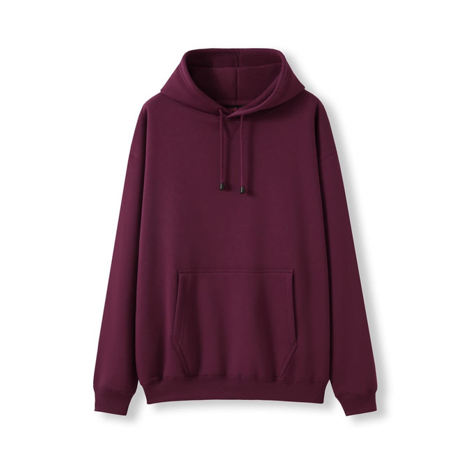 A maroon hoodie featuring a kangaroo pocket and a drawstring hood. The design includes a logo.