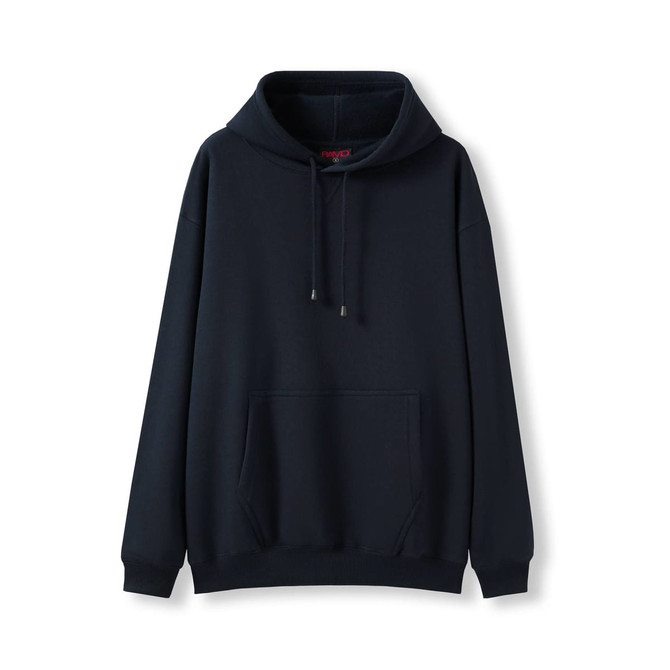 A black men's kangaroo pocket hoodie featuring a spacious front pocket and drawstring hood. It has a branded logo.