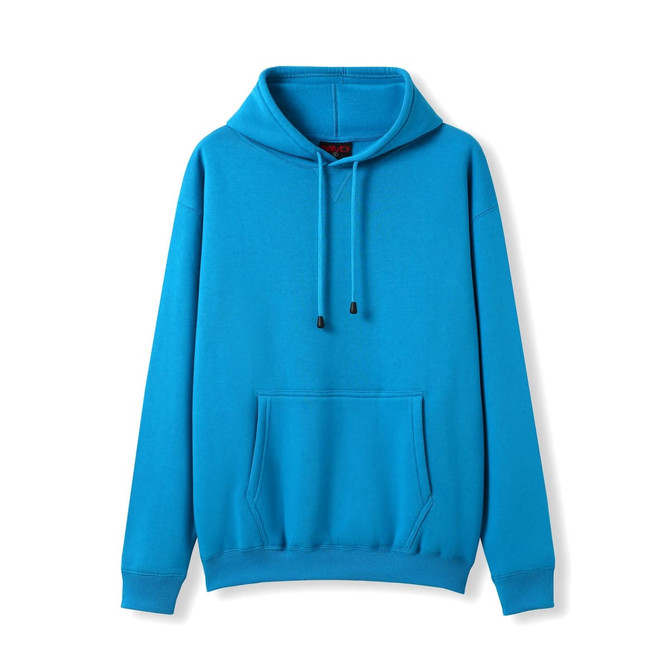 A teal men's hoodie featuring a kangaroo pocket and drawstring hood. It has a logo on the front.