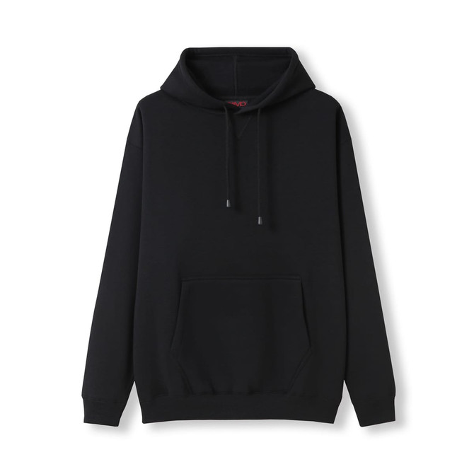 A black men's hoodie featuring a kangaroo pocket and drawstring hood, with a subtle logo on it.