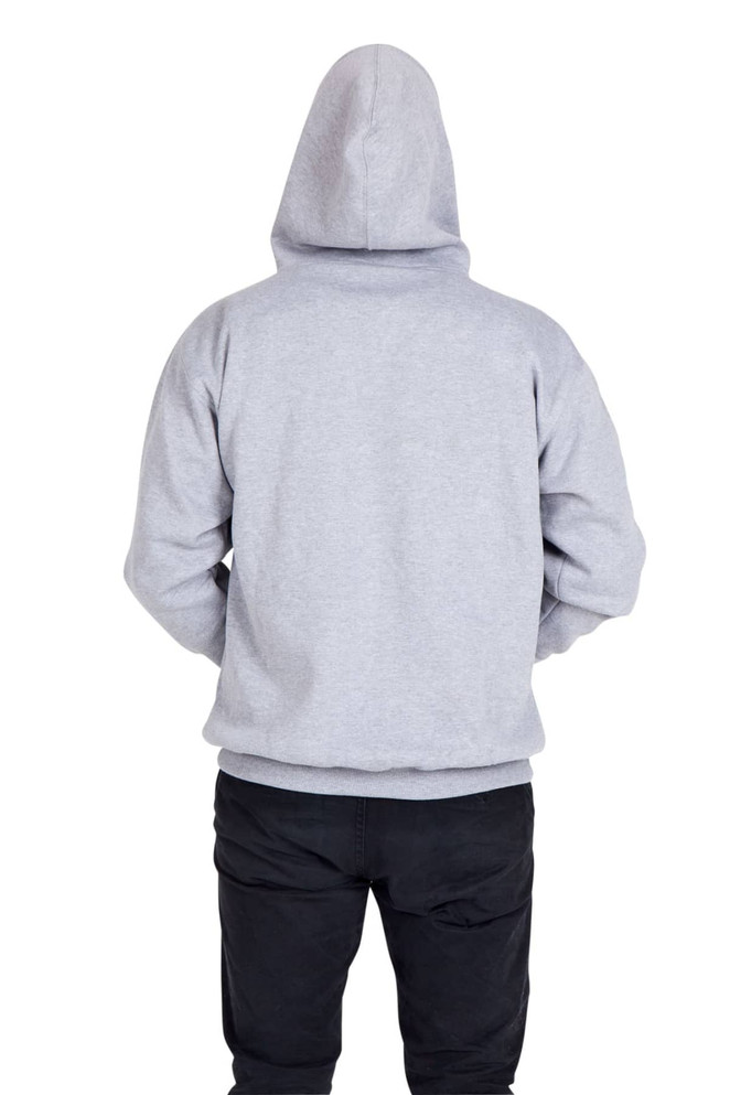 A grey men's kangaroo pocket hoodie viewed from the back, featuring a hood and casual fit.