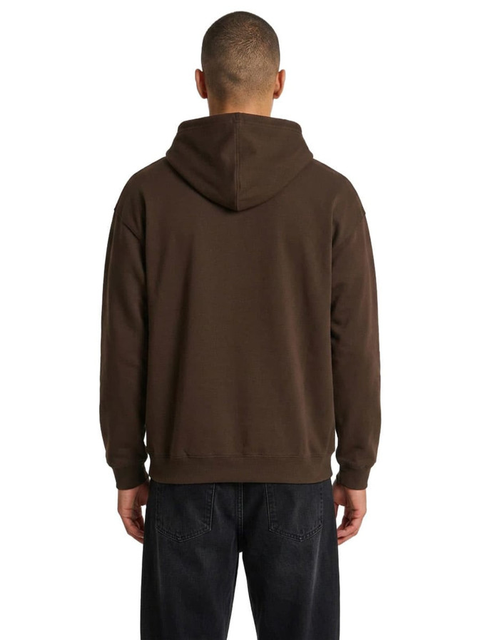 A grey kangaroo pocket hoodie on a model, featured in a side profile with hands in pockets.
