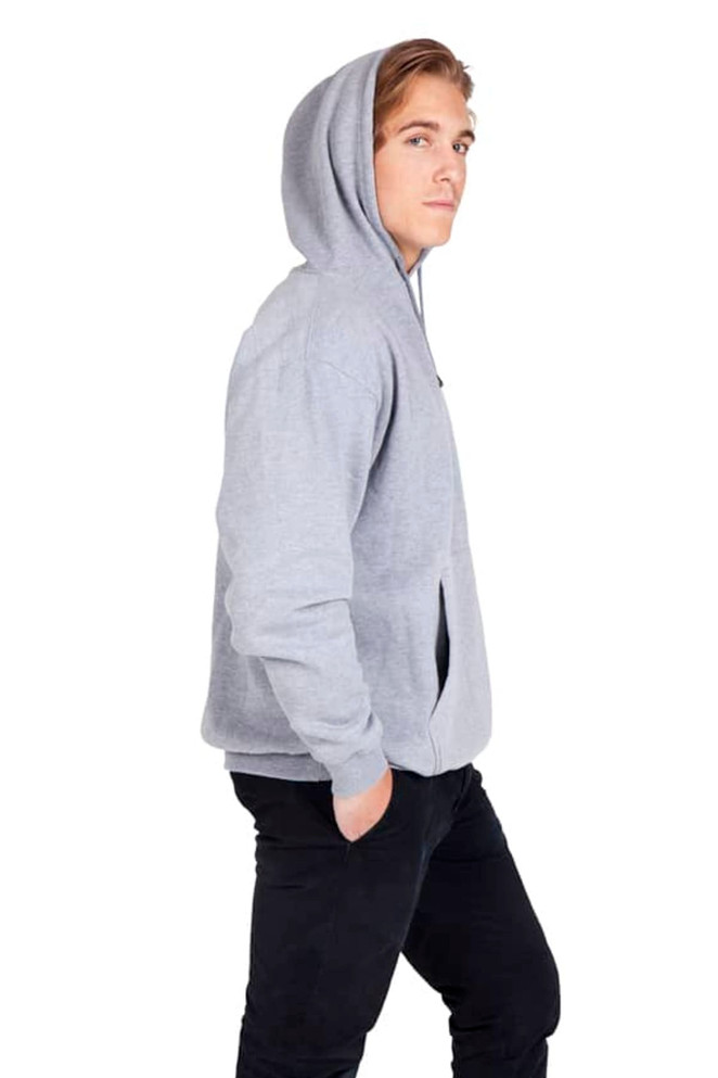 A grey kangaroo pocket hoodie on a model, featured in a side profile with hands in pockets.