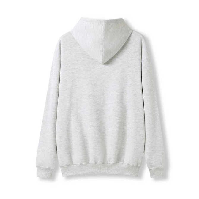 A grey men's hoodie featuring a kangaroo pocket and a hood, with a plain back view.