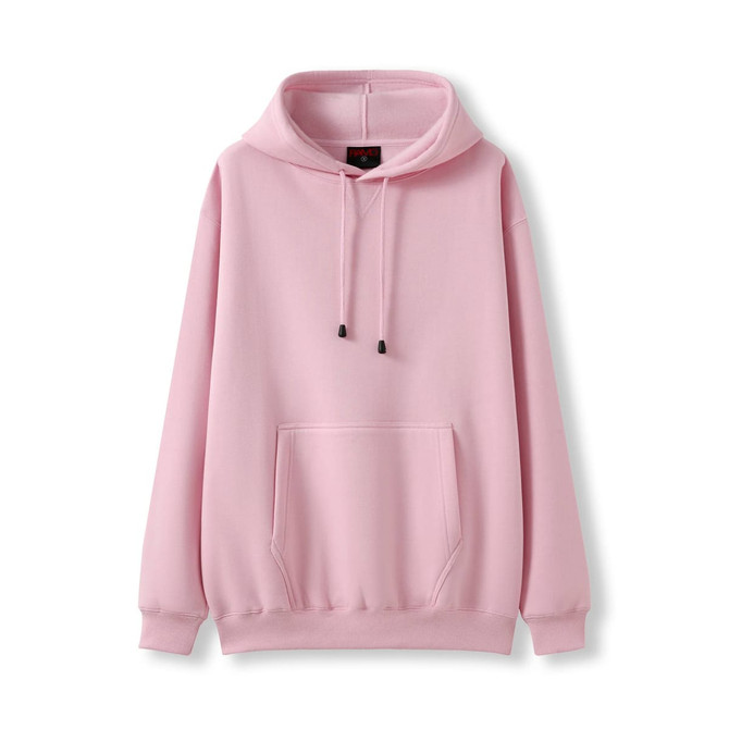 A pink men's hoodie with a kangaroo pocket and a drawstring hood, featuring a logo.