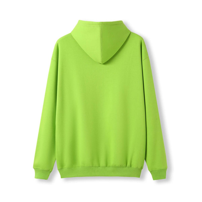 A vibrant green men's hoodie with a kangaroo pocket and a hood, viewed from the back. Features a brand logo.
