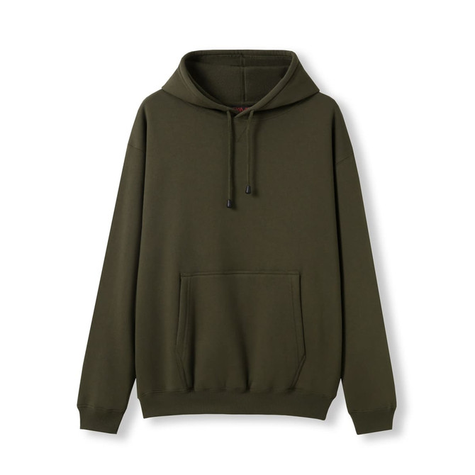 A men's kangaroo pocket hoodie in olive green with a front pocket and drawstring hood. It features a logo.