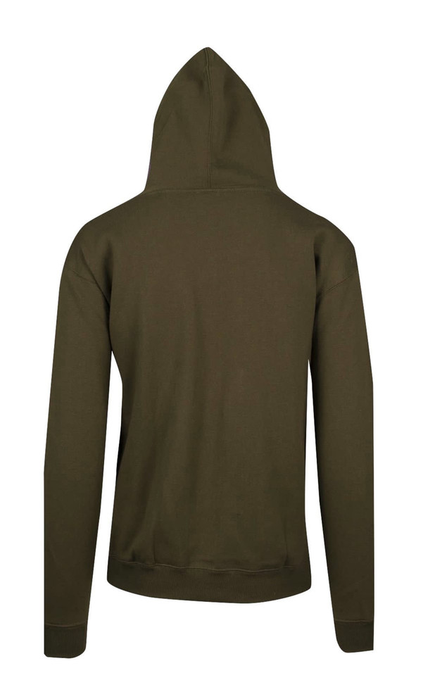 An olive green men's kangaroo pocket hoodie with a fitted design and a hood at the back.