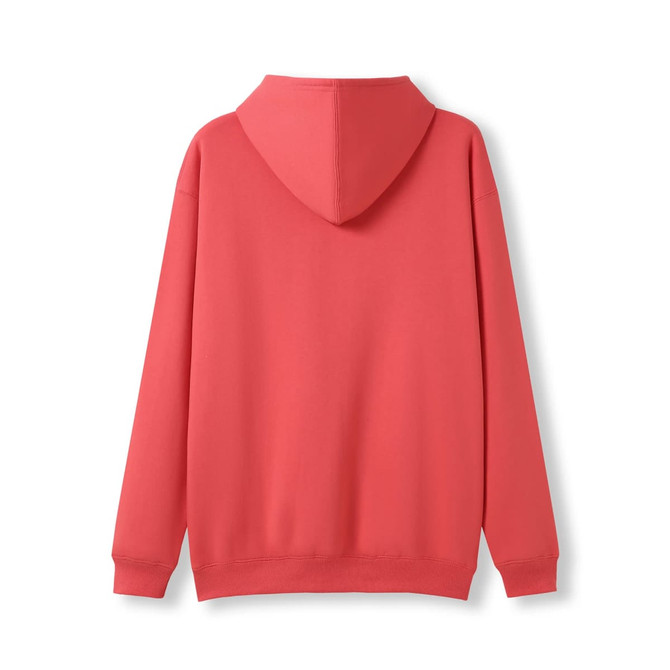 A red hoodie with a kangaroo pocket and a hood, featuring a plain design at the back.