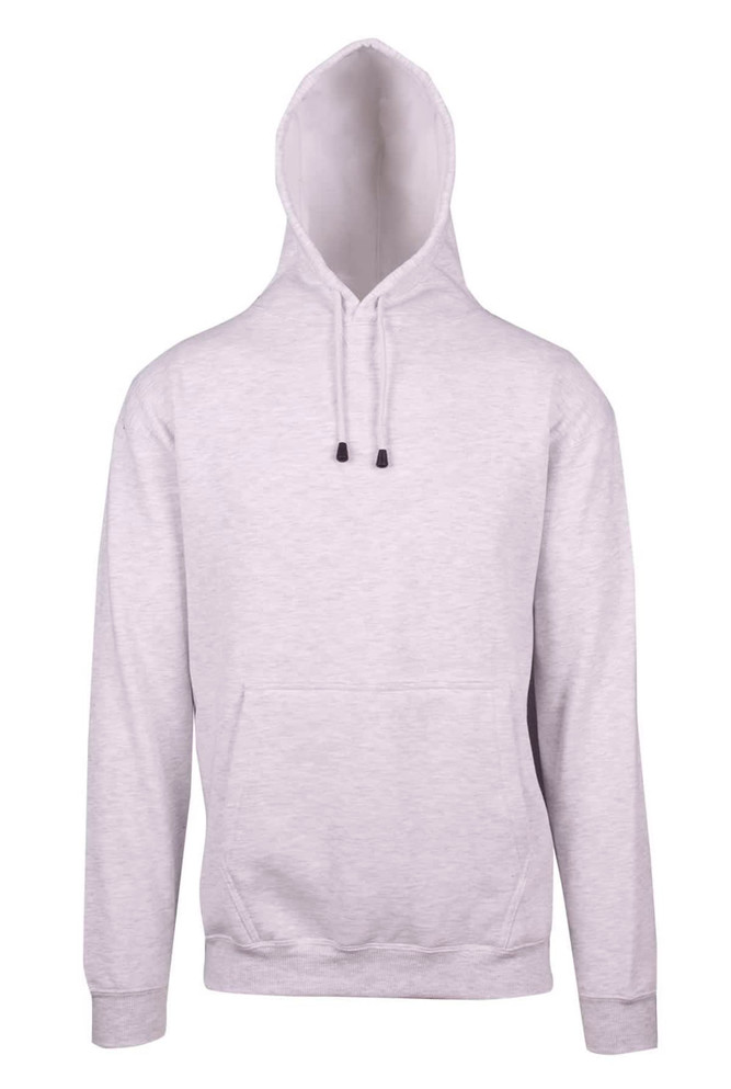 A light grey men's hoodie featuring a kangaroo pocket and a drawstring hood. The design includes a logo.