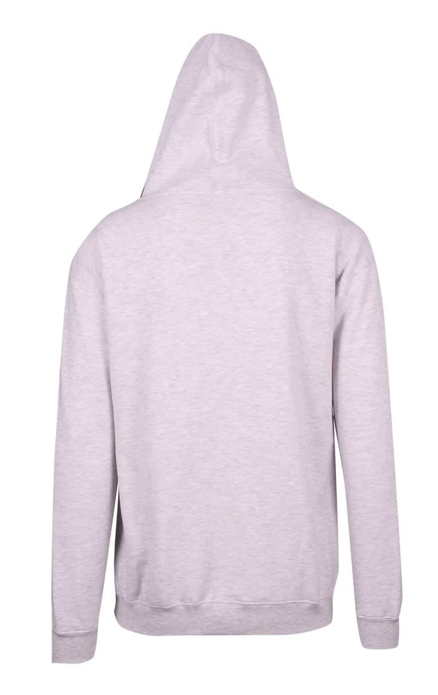 A grey hoodie with a kangaroo pocket and a hood, featuring a plain back view.
