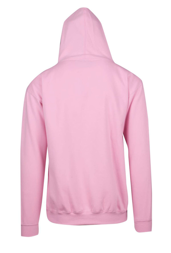 A pink men's hoodie featuring a kangaroo pocket and a hood, with a plain back design.