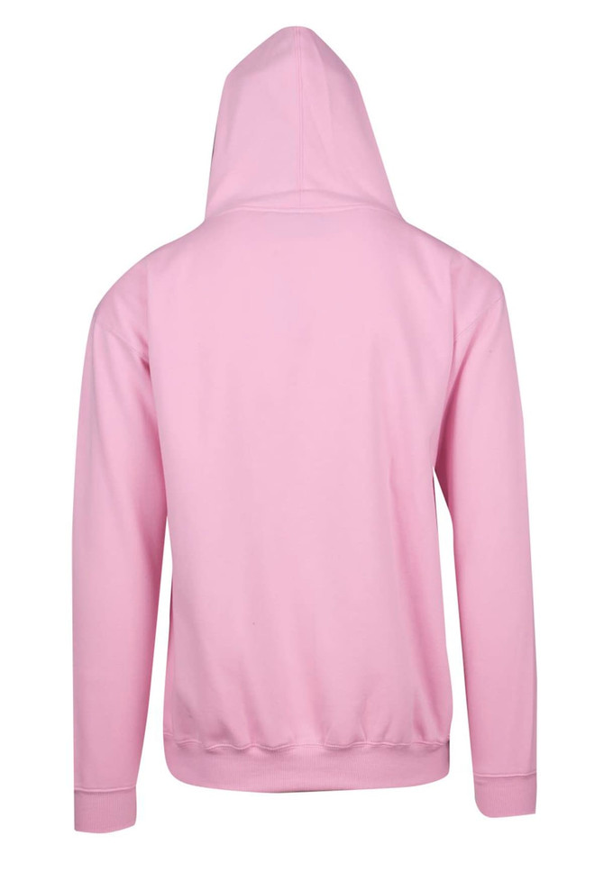 A pink men's hoodie featuring a kangaroo pocket and a hood, with a plain back design.