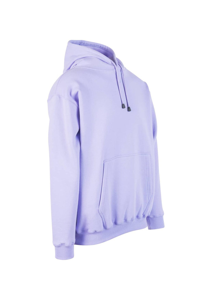 A lilac hoodie featuring a kangaroo pocket and adjustable drawstring hood, with a logo on the front.