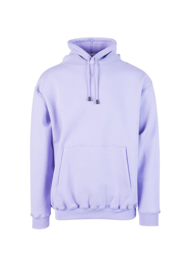 A lilac men's hoodie with a kangaroo pocket and a drawstring hood, featuring a logo.