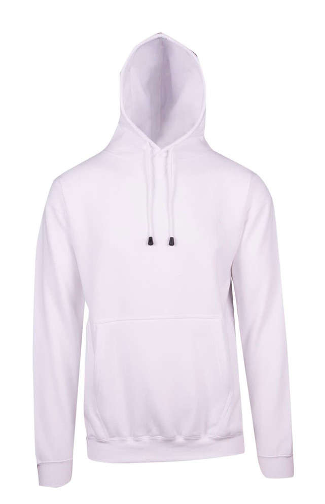 A white men's hoodie with a kangaroo pocket and drawstring hood, featuring a logo on the front.