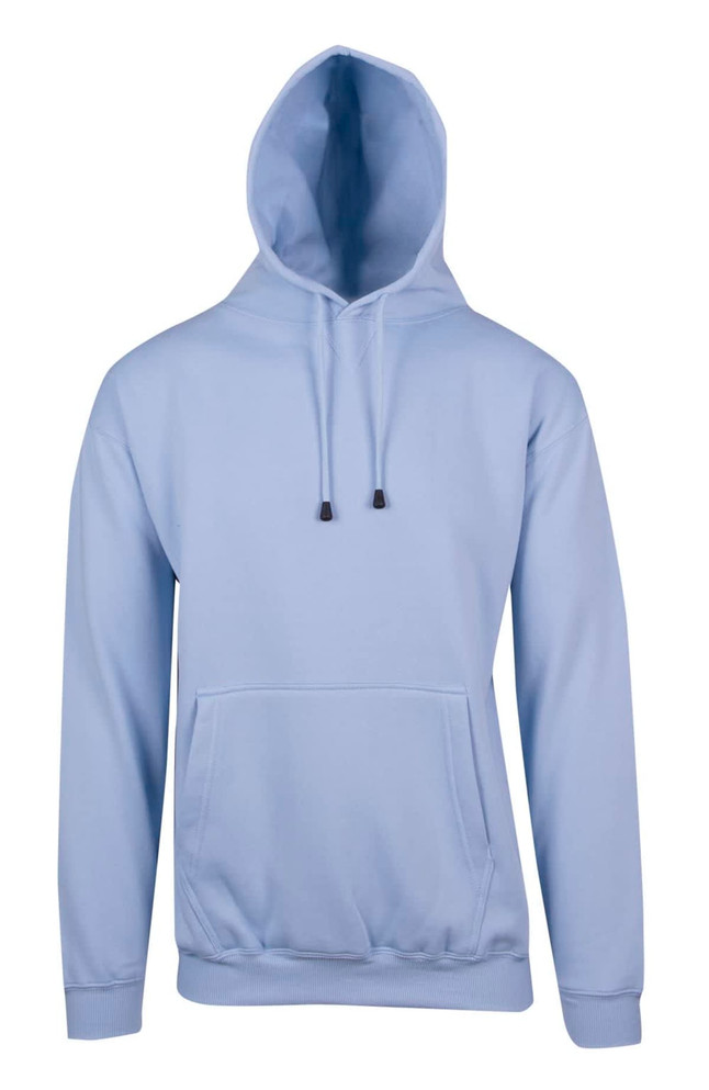 A light blue men's hoodie featuring a kangaroo pocket and a drawstring hood, with a logo on the front.