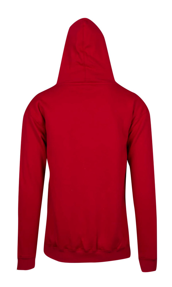 A red men's hoodie with a kangaroo pocket, featuring a hood and a simple design.