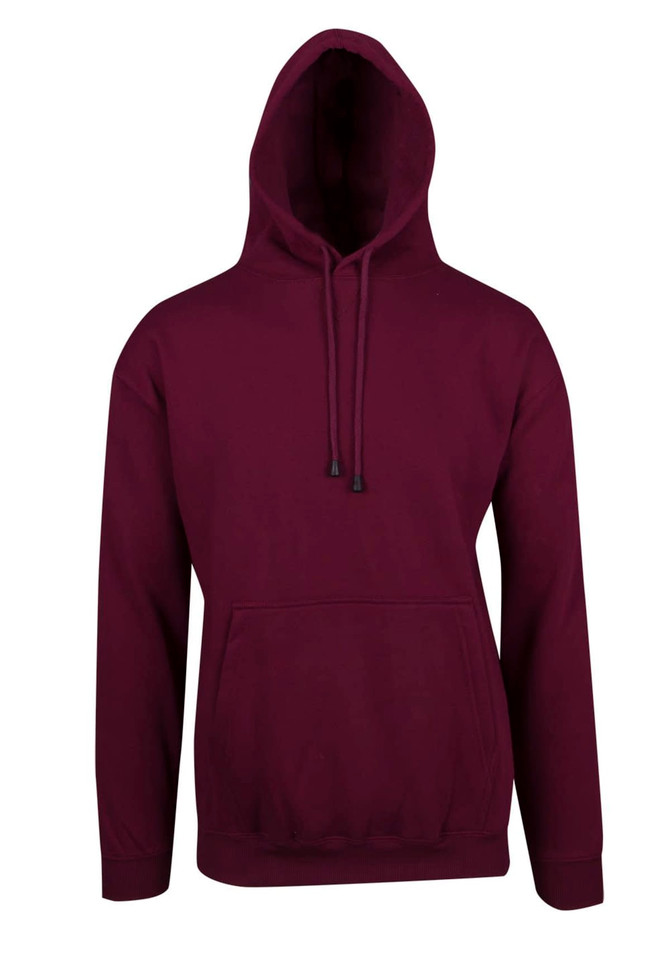 A maroon hoodie with a kangaroo pocket and a drawstring hood, featuring a logo on the front.