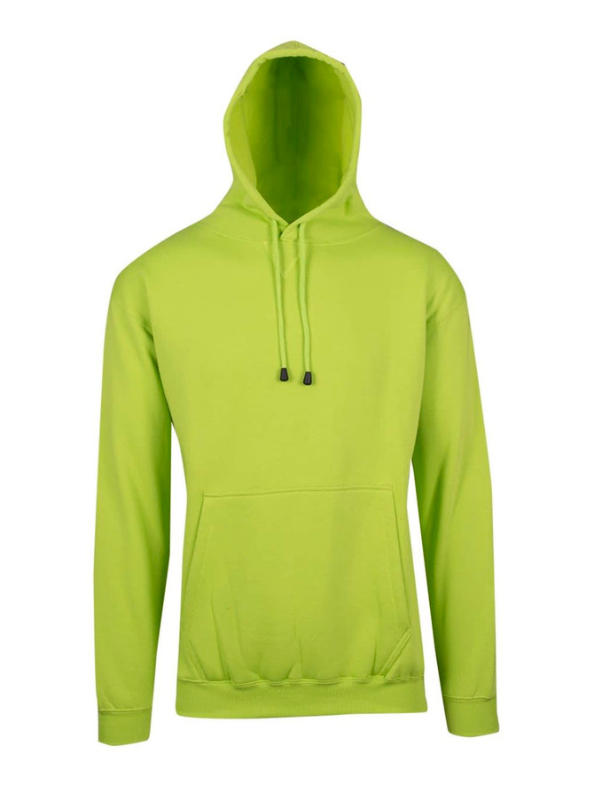 A lime green men's hoodie with a kangaroo pocket and a drawstring hood. Features a logo.
