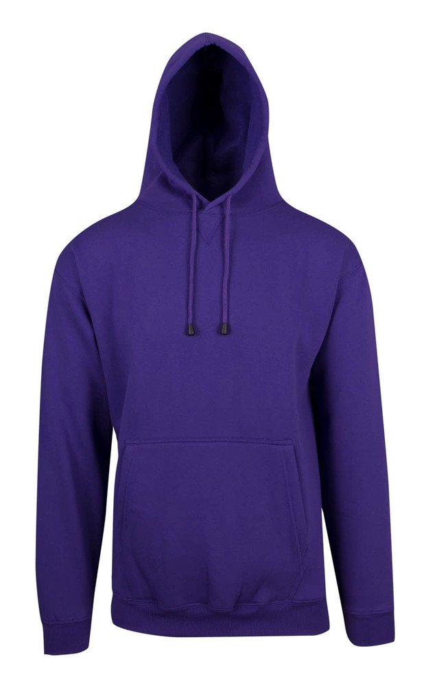 A purple kangaroo pocket hoodie featuring a drawstring hood and a front pocket. It has a branding logo.